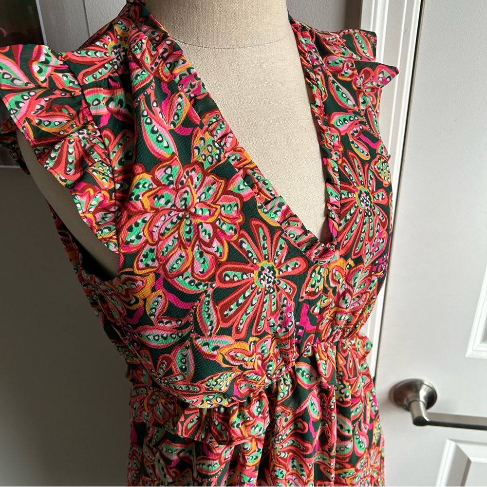 J. Crew Paisley Chiffon Dress Size 0 | Flutter Sleeves | V-Neck | Spring/Summer - Picture 4 of 11